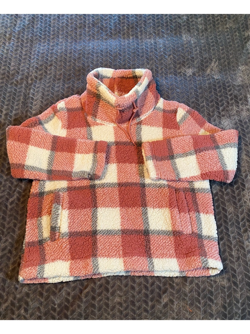 Cozy Sherpa Hoodie with Pink, Cream & Gray Plaid